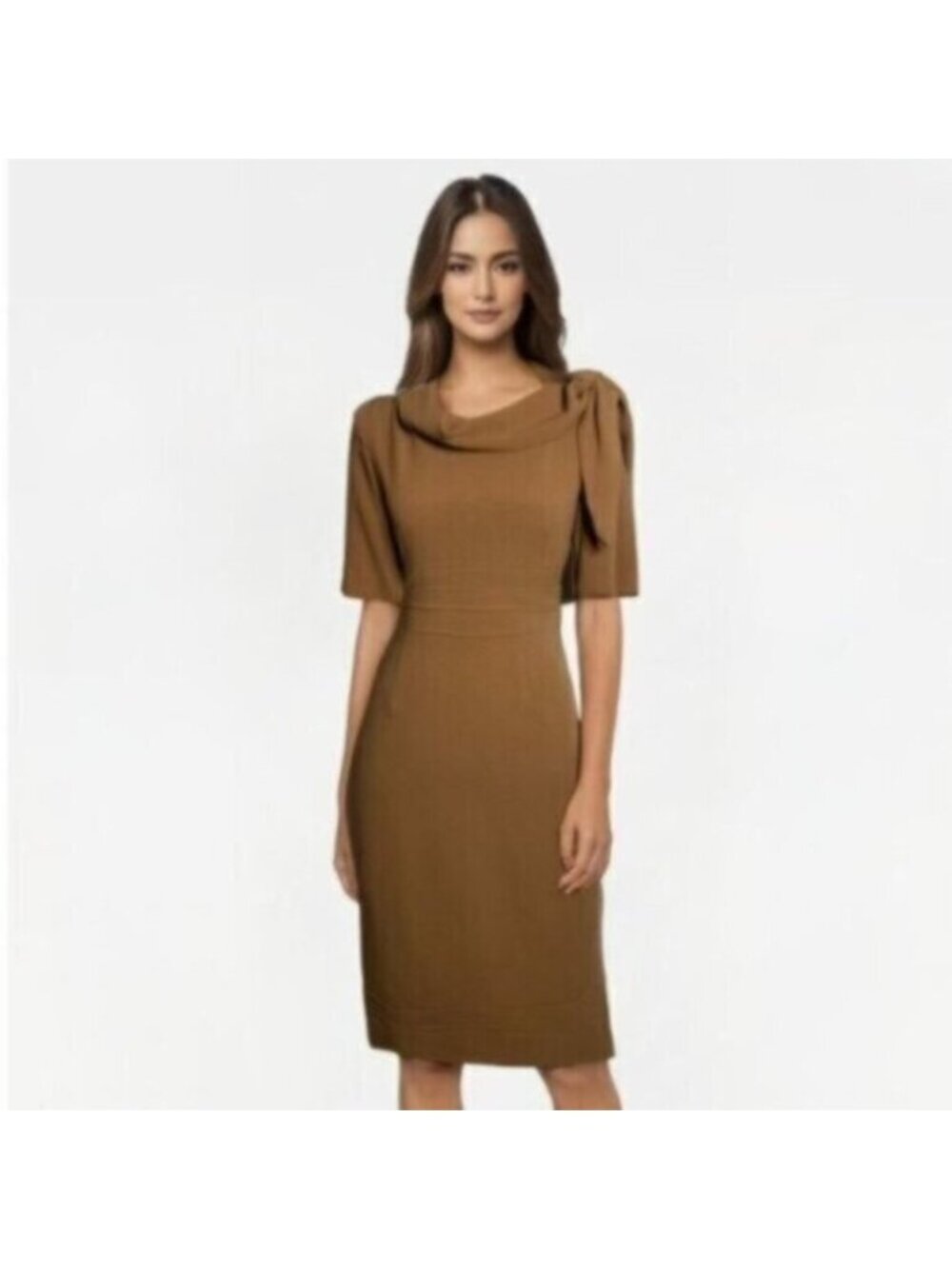 Suite 7 Elegant Camel Cowl Neckline with Shoulder Bow Sheath Dress
